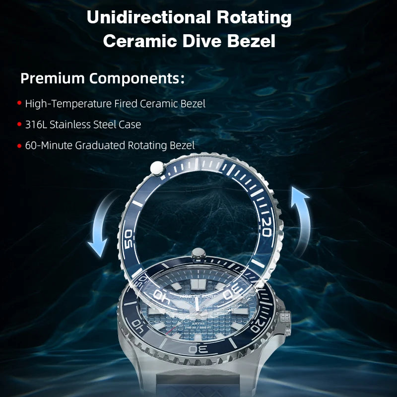NORTH EDGE ABYSS Men's Quartz Luxury Watch Solar Powered 200M Waterproof Dive Sports Watches 316L Steel Case 180+ Day Power