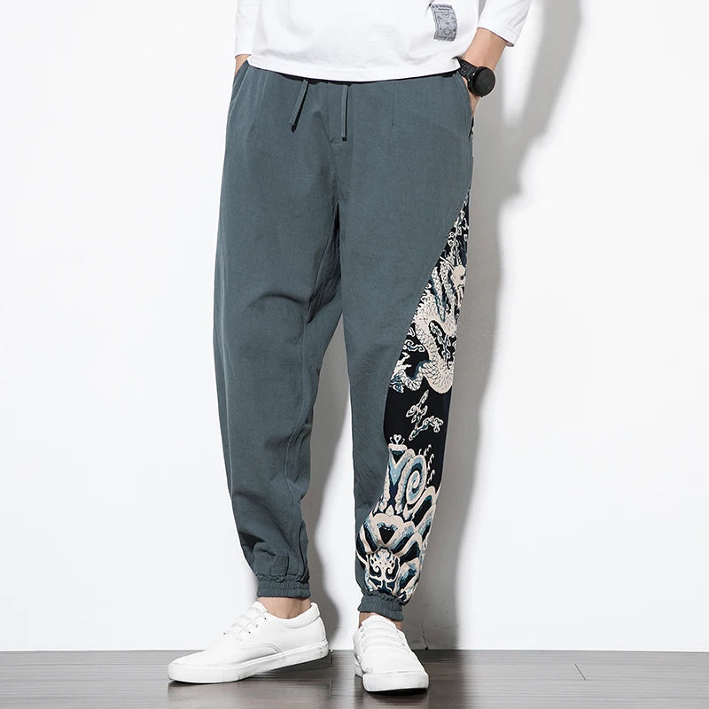 Chinese Style Loose Men's Cotton Linen Pants Male Spring New Breathable Dragon Print Linen Trousers Fitness Streetwear Plus Size
