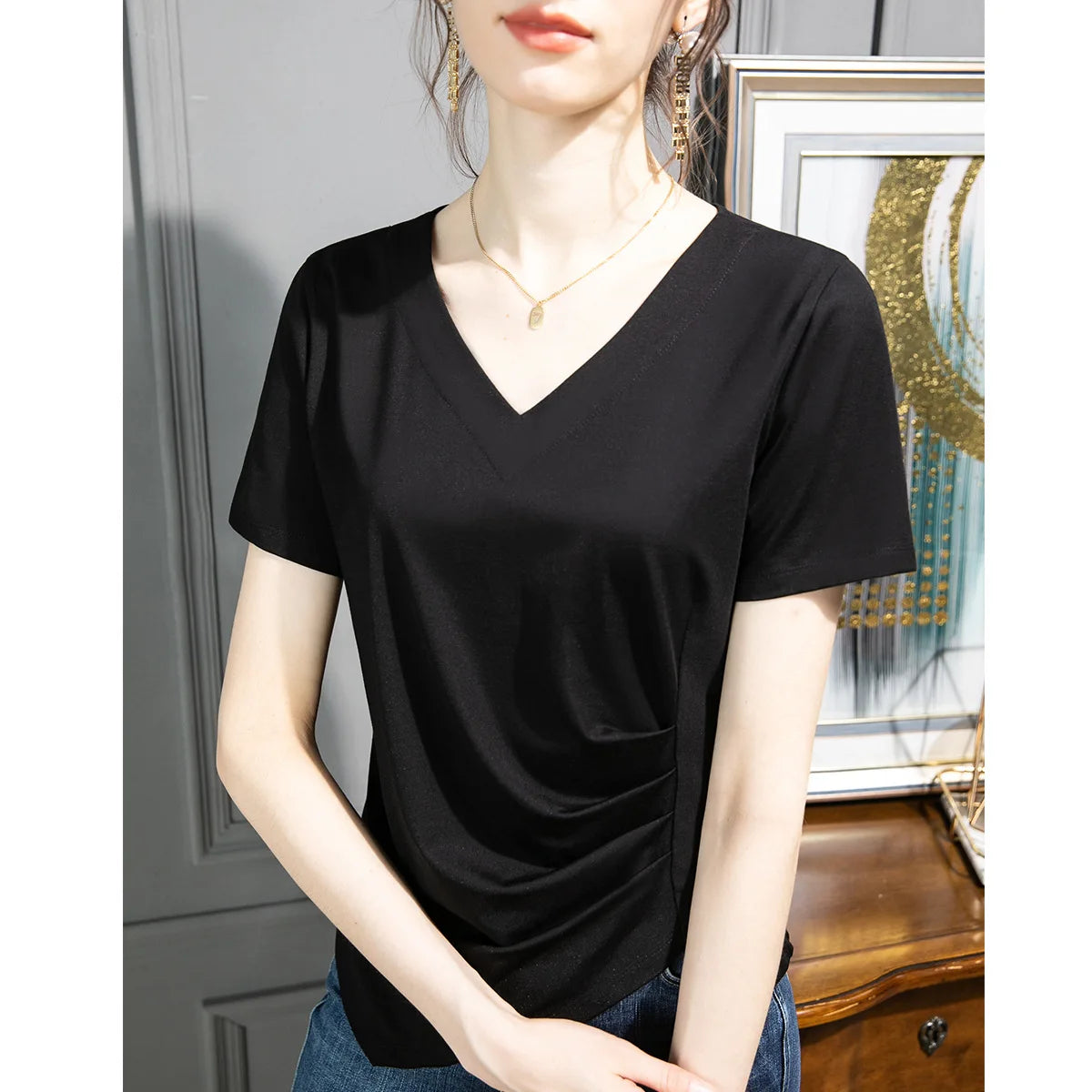 Y2k T Shirt Women 2024 Summer Clothes Top Women Stylish White Woman Blouse Plus Size V-neck Cotton T-shirt S-3xl 4xl