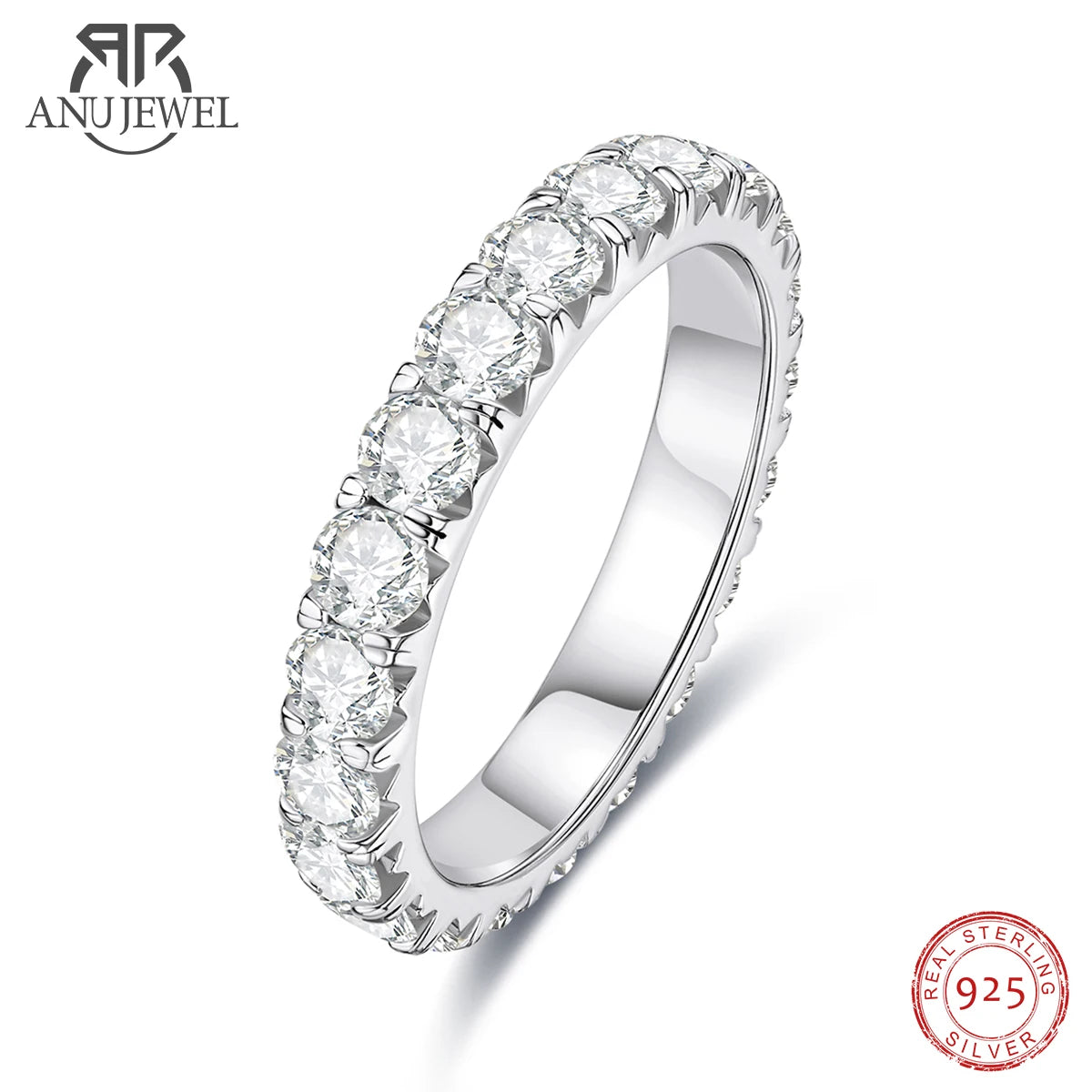 AnuJewel 3mm 2-3ct D Color Moissanite Wedding Band Ring 925 Sterling Silver Eternity Band Engagement Rings for Women