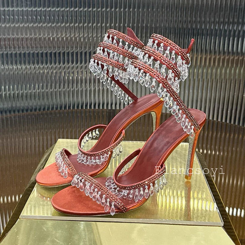 High Heels Sandals Women Shiny Crystal Pendant Ankle Snake Twine Around Prom Shoes Summer Fashion Stiletto Bohemian Sandalias