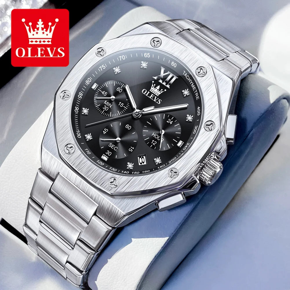 OLEVS 3626 Watches For Men Original Wristwatch Stainless Steel Multifunctional Chronograph Waterproof Luminous Quartz Reloj