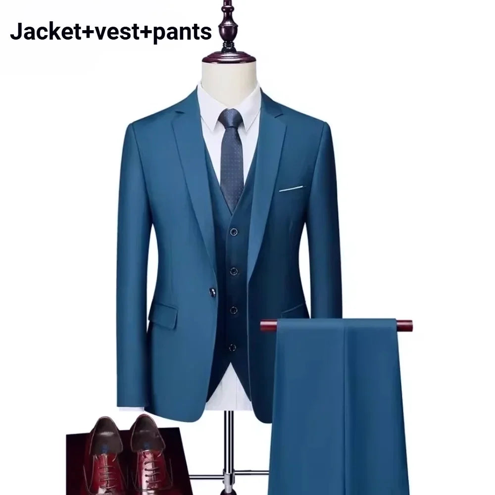 Men Slim Fit 3 Pieces Suit Set Lightweight Business Office Party Blazer Vest Pants Formal Male Tuxedo Suit For Prom Daily Wear