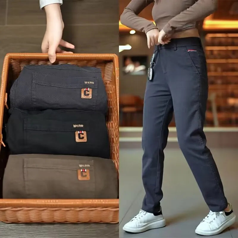 New Korea Fashion Mens Casual Four Season Pants Straight Slim Fit Trousers Elastic Waist Gray Black Khaki Brand Trousers