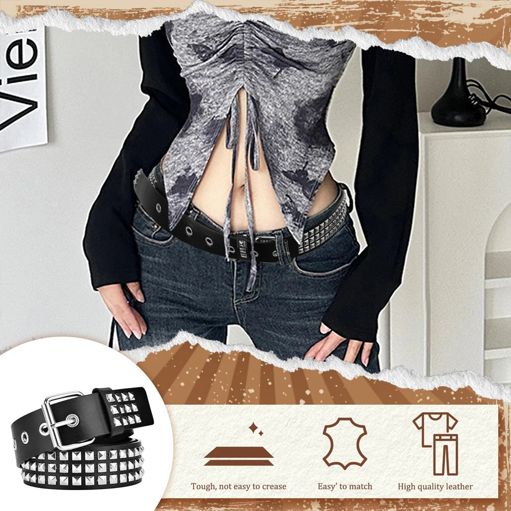 Fashion Square Bead Rivet Belt Metal Pyramid Belt Punk Rock Style Jeans Belts Y2K Waist Belt  for Men and Women