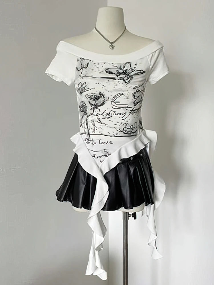Y2k Print Vintage Off shoulder Short sleeve T Shirt Women Hip hop Basic Summer Crop Tops Streetwear Lady Tees Korean
