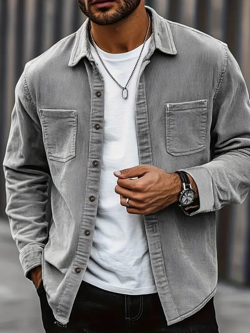 Men's Corduroy Long Sleeve Button Down Shirt, Turn Down Collar Chest Pocket Casual Vintage Streetwear Tops