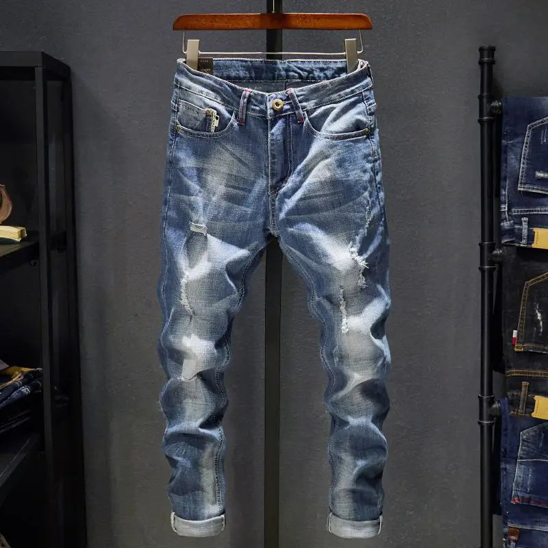 American Elastic Straight Jeans Men Ripped Worn-out Slim-fit Cotton Denim Pants Korean Style Fashion Trousers Men's Clothing