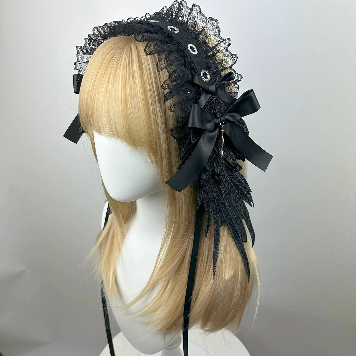 Gothic Lolita Angel Wings Headband Wide Ruffle Lace Cosplay Headwear New White Black Lace Flounce Fold Bowknot Hair Accessories