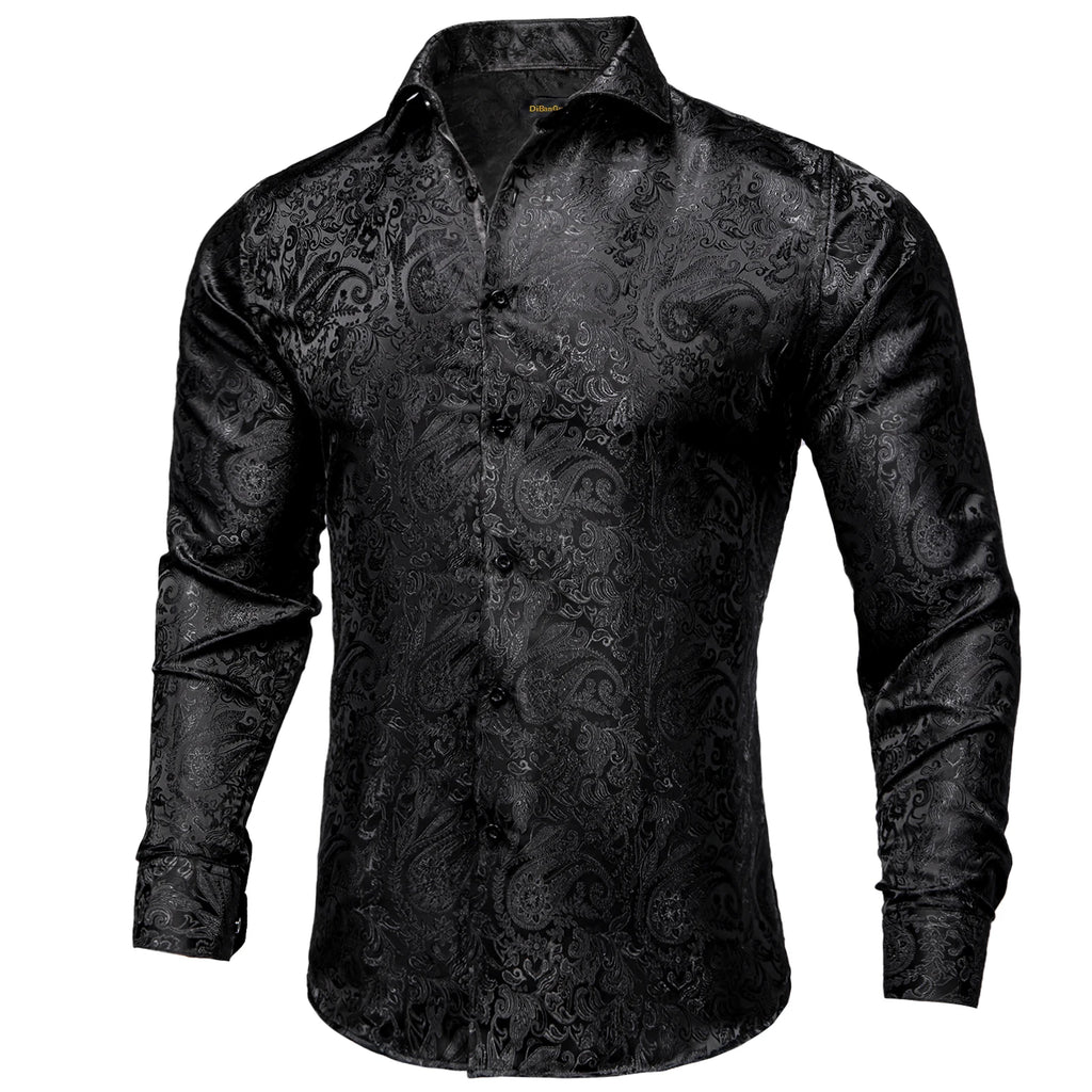 Men's Long Sleeve Black Paisley Dress Shirts Casual Tuxedo Social Shirt Luxury Designer Men Clothing