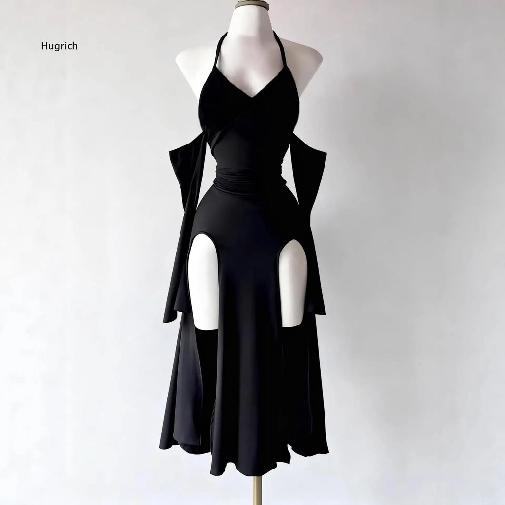 Gothic Halter Off Shoulder Dress For Women High Slit Hollow Out Design Long Gown Unique Stylish Dress For Party And Night Event