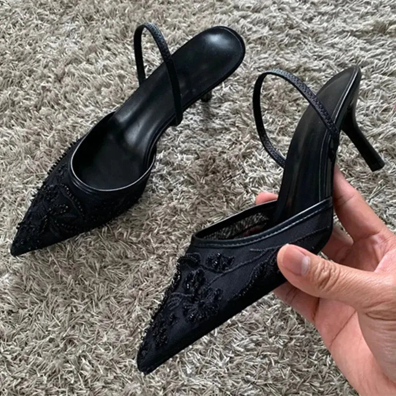 Brown String Bead Mesh Embroider Slingback High Heels Women Sexy Pointed Toe Heeled Sandals Summer Elegant Luxury Designer Shoes