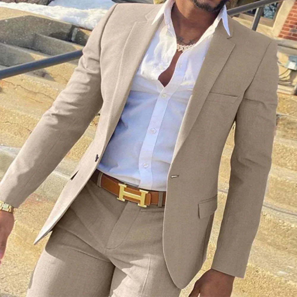 2 Pieces Vintage Notch Lapel Slim Fit Blazer And Pants Set Solid Color Formal Business Regular Suit High-Quality Jackets
