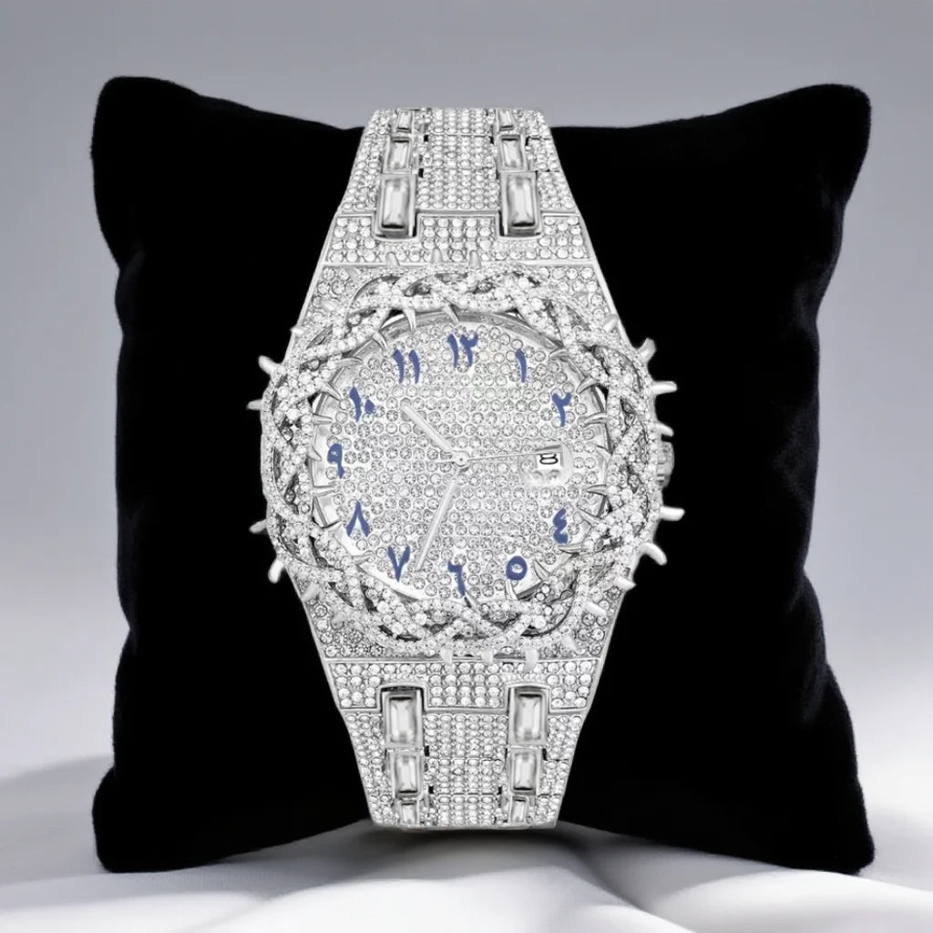 Luxury Full Diamond Men's Quartz Watch Thorn Bracelet Hip Hop Style Date Display with Luminous Function Men Business Wristwatch