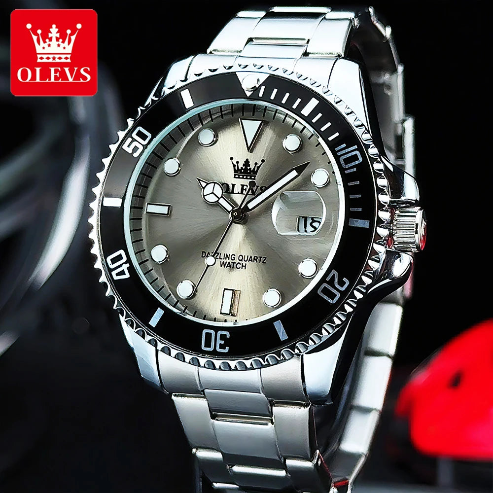 OLEVS Men's Watches Classic Luxury Fine Steel Strap Big Date Original Quartz Wristwatch for Man Waterproof Luminous Trend Dress