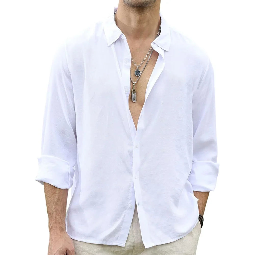 Men Beach Shirts Cotton Linen Shirts Men's Causal Loose Solid Color Long Sleeves Men's Autumn Hawaiian Streetwear