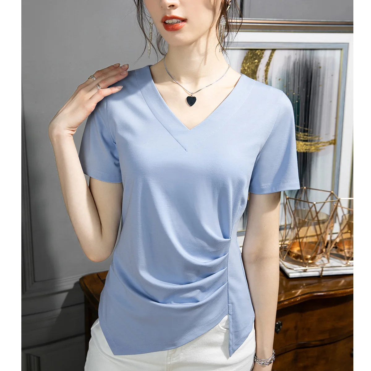 Y2k T Shirt Women 2024 Summer Clothes Top Women Stylish White Woman Blouse Plus Size V-neck Cotton T-shirt S-3xl 4xl