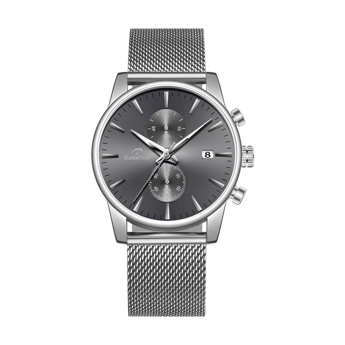 CalmTick Fashion Business Pointer Quartz Watch with Stopwatch Luminous Waterproof Metal Strap