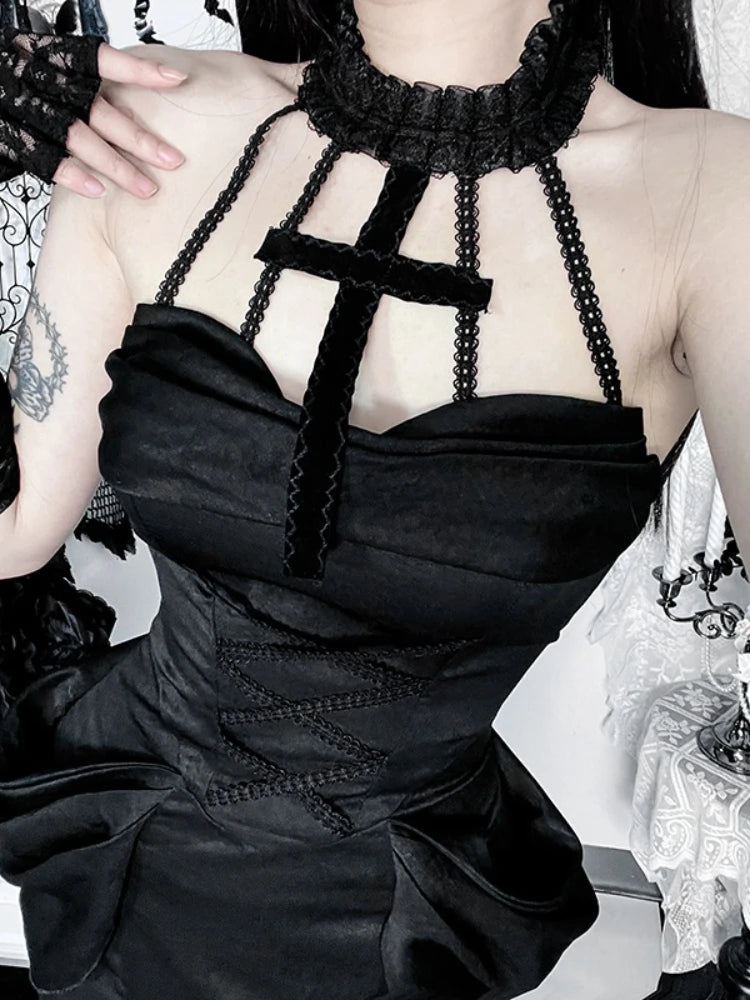 AltGoth Aesthetic Gothic Party Dress Women Fairycore Grunge Sexy Elegant Sweet Lace Patchwork Halter Bandage Corset Dress Female
