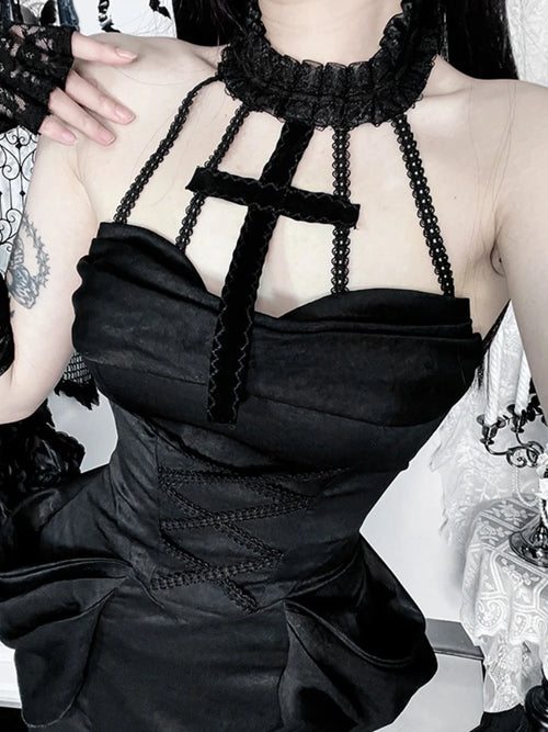 AltGoth Aesthetic Gothic Party Dress Women Fairycore Grunge Sexy Elegant Sweet Lace Patchwork Halter Bandage Corset Dress Female