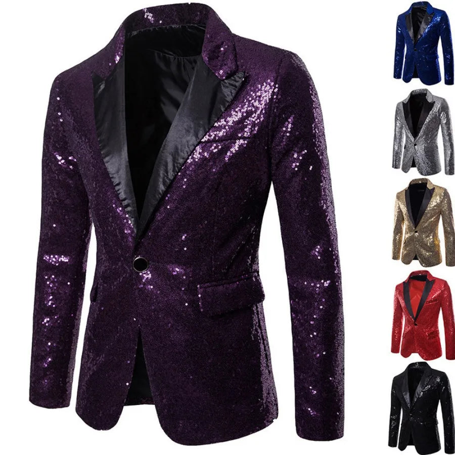 Blazer Long Sleeve Suits Men Two Pieces Sequins Blazers Single Button Business Jackets Straight Pants Ankle Length Pockets Party