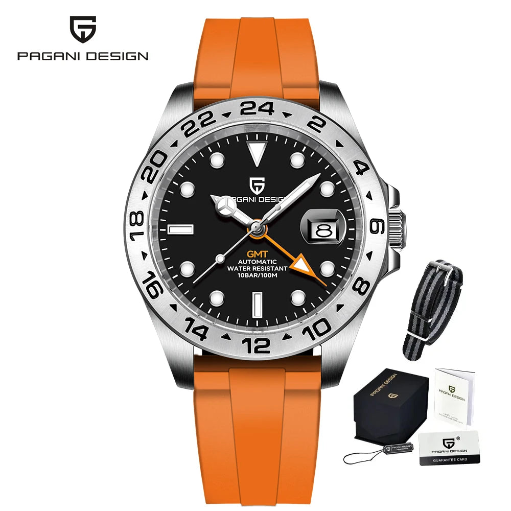 PAGANI DESIGN Automatic GMT Watch DG5833GMT Movement Rubber Strap 100M Waterproof Luminous Men Sports Mechanical Wristwatch