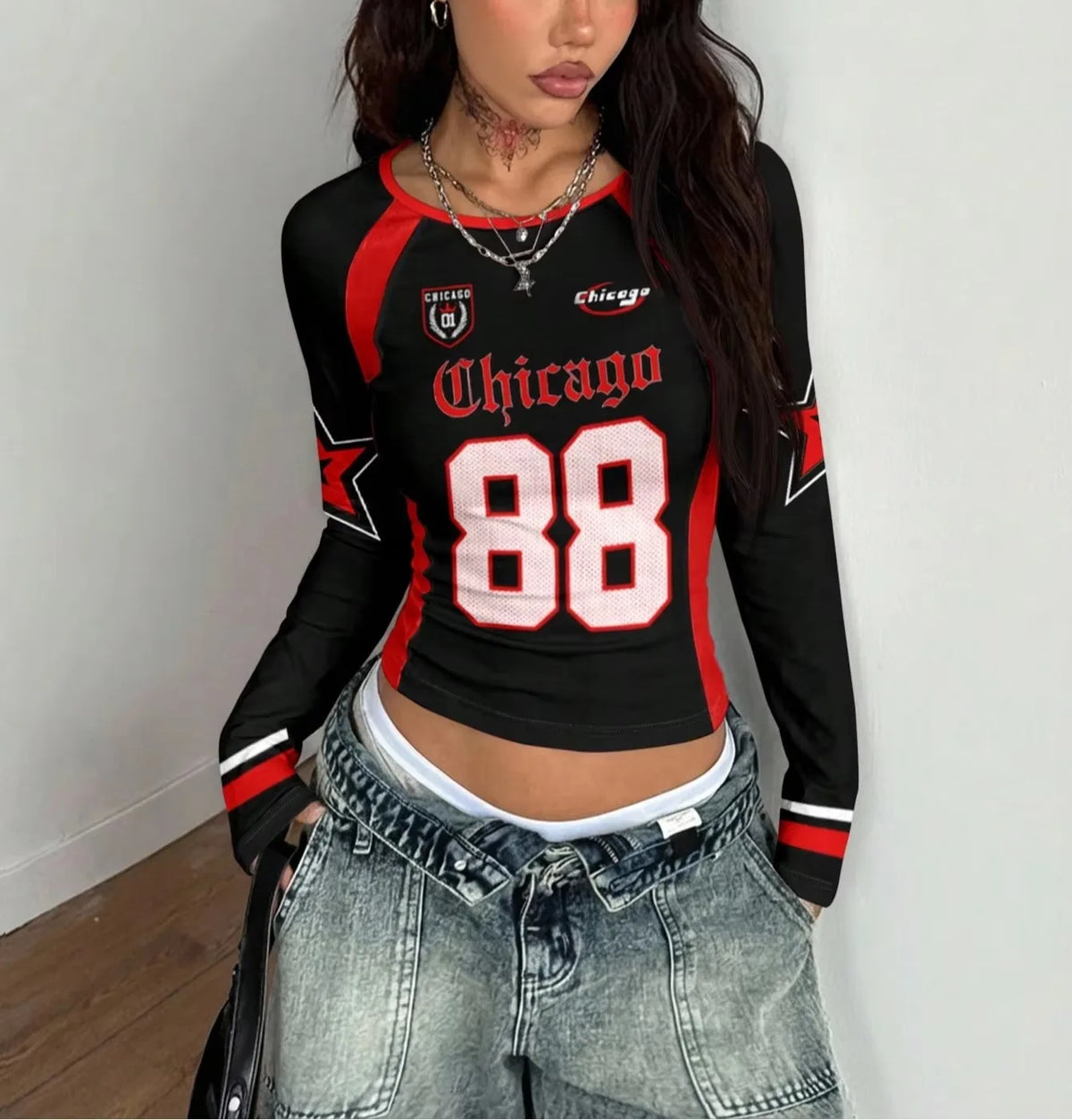 Women's Y2K Streetwear Fashion Casual Back To School Casual Color-Blocked Black Round Neck Long Sleeve Tees Comfortable Tops