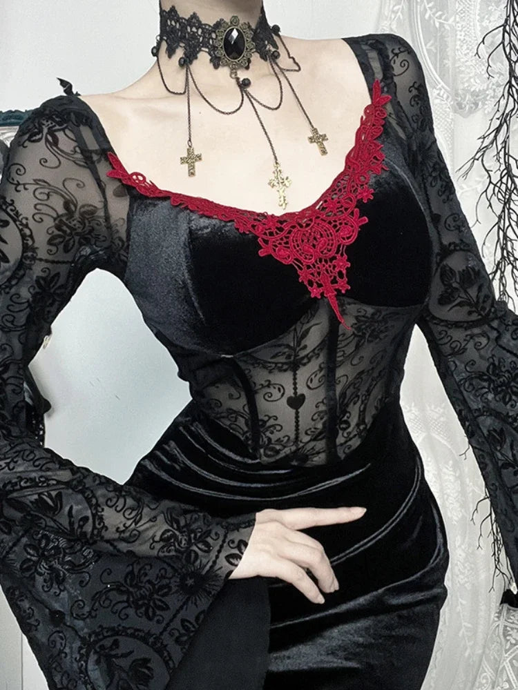 AltGoth Gothic Halloween Dress Women Vintage Elegant Flocking Patchwork Flare Sleeve O-neck High Waist Corset Dress Partywear