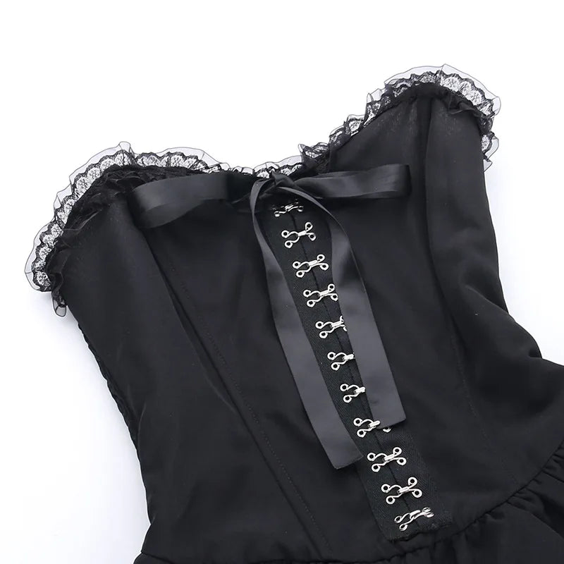 Women's Dress Gothic High Low Swing Asymmetric Vintage Goth Black Lace Elastic Waist Pleated Bodycon Dresses