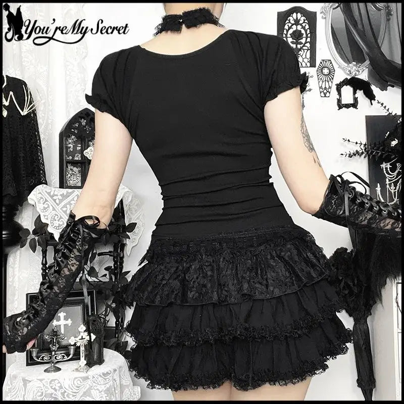 Gothic Puff Short Sleeve Corset Top Women Square Neck Lace Trim Bandage Waist Cincher Shirt Dark Punk Vintage Lolita Blouse