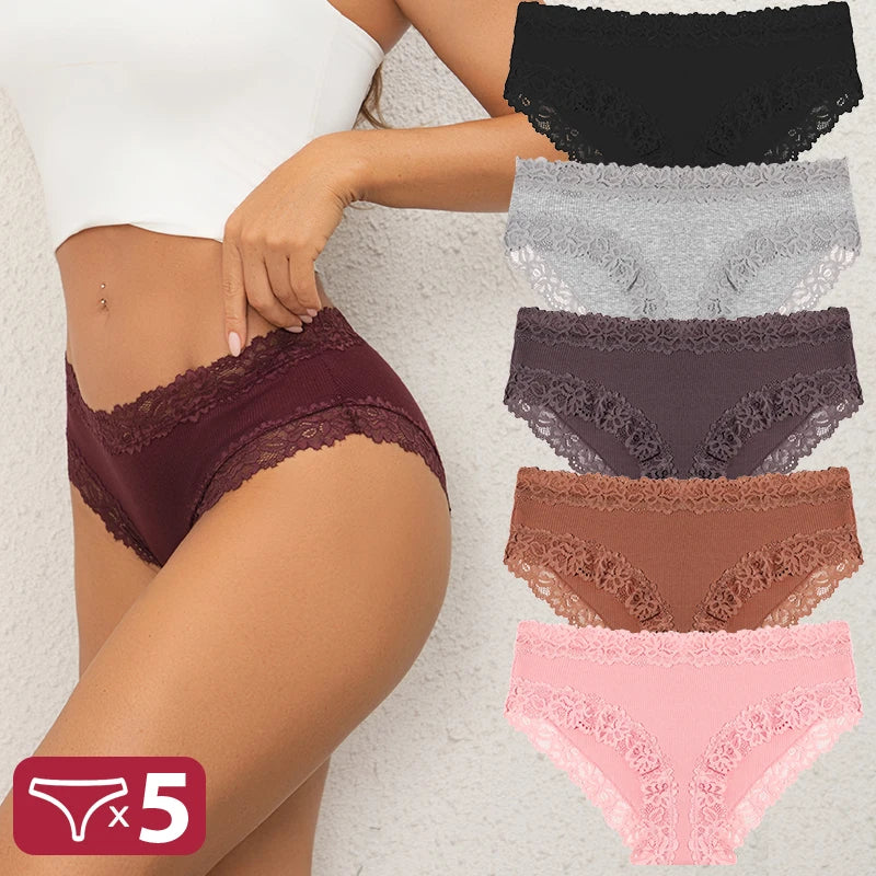 5Pcs Sexy Cotton Lace Panty Women Low Waist Panties Underwear S-XL Solid Color Ladies Briefs Lingere Underware Comfortable Women