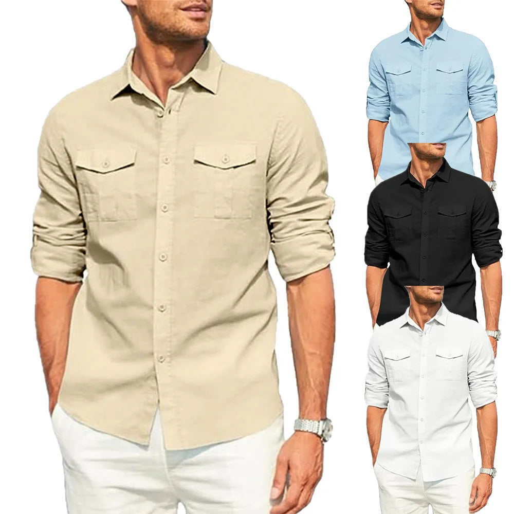 Men's Shirt Double Pocket Cotton Linen Long Sleeve Shirt Casual Holiday Shirt Simple Lapel Solid Cargo Shirts Tops Blouses