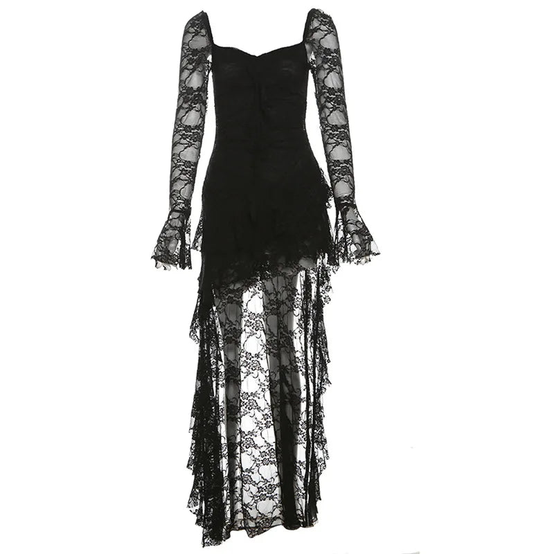 halloween gothic Fairycore Dress Women Vintage Aesthetic Elegant Sweet Sexy See Through Irregular Hem High Waist Corset Dress