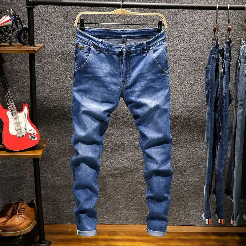 American Elastic Straight Jeans Men Ripped Worn-out Slim-fit Cotton Denim Pants Korean Style Fashion Trousers Men's Clothing
