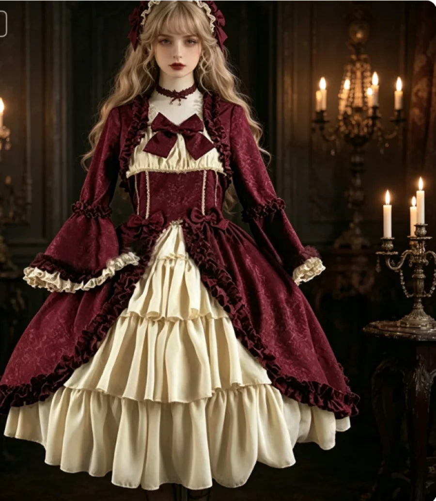 European and American medieval retro Gothic court style French soft girl dress with square collar, waist cinching and patchwork