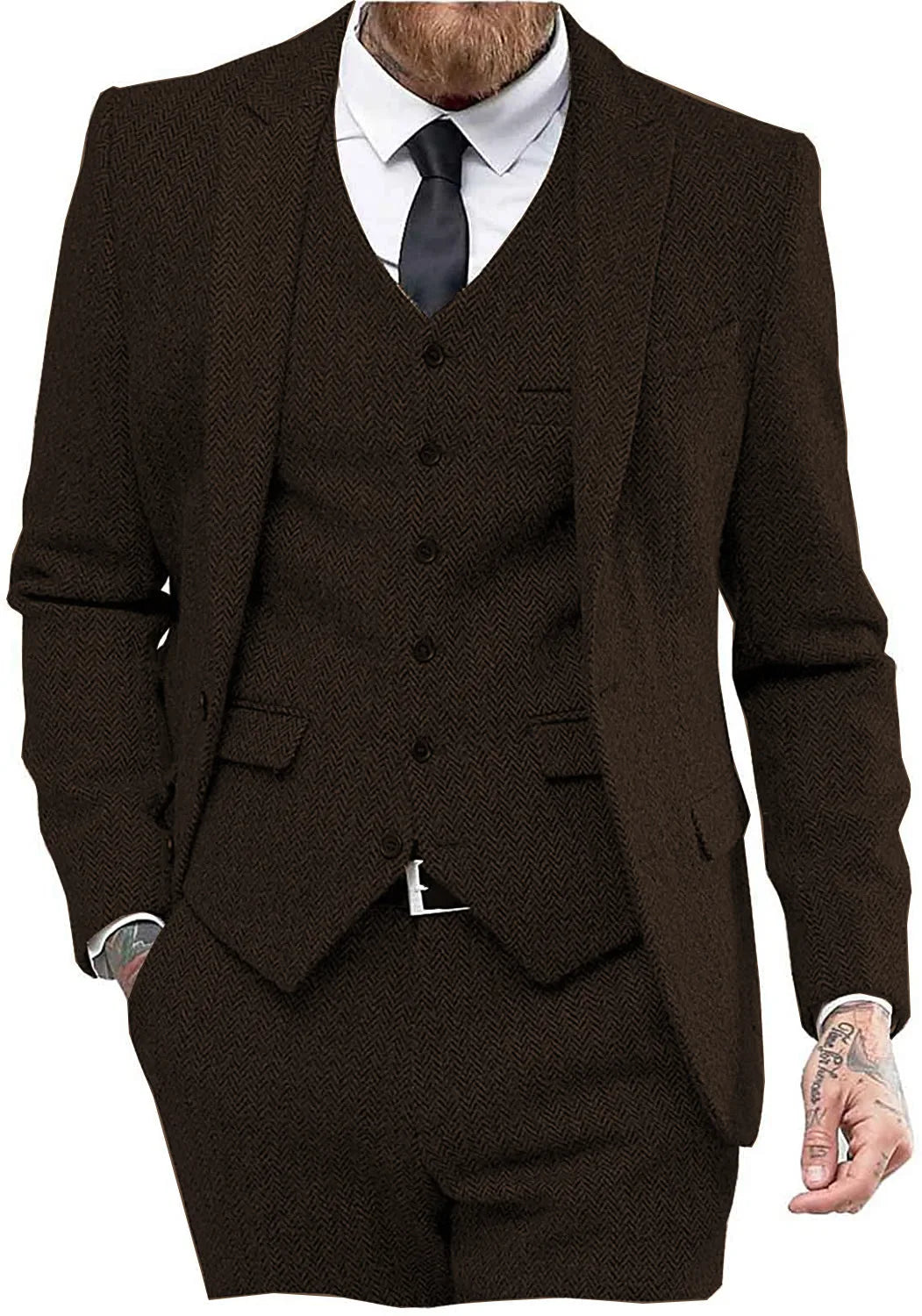 Retro Herringbone Suit for Men Stylish Vintage Tuxedo Set 3 Pieces Blazer Vest and Pant Set for Wedding Business Evening Party