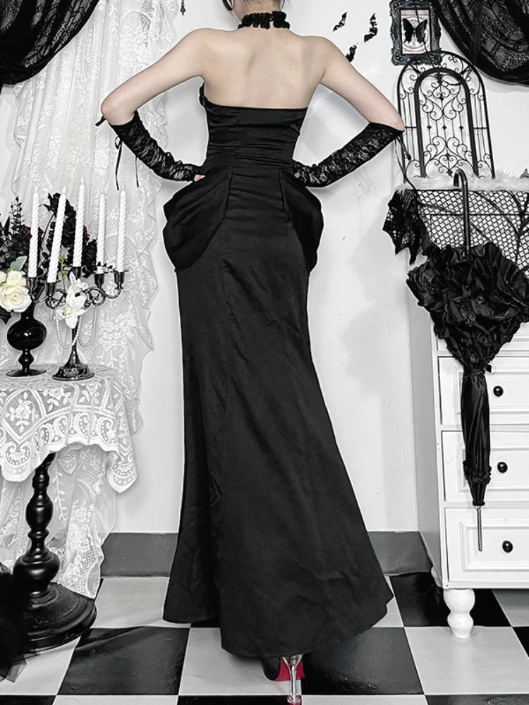 AltGoth Aesthetic Gothic Party Dress Women Fairycore Grunge Sexy Elegant Sweet Lace Patchwork Halter Bandage Corset Dress Female
