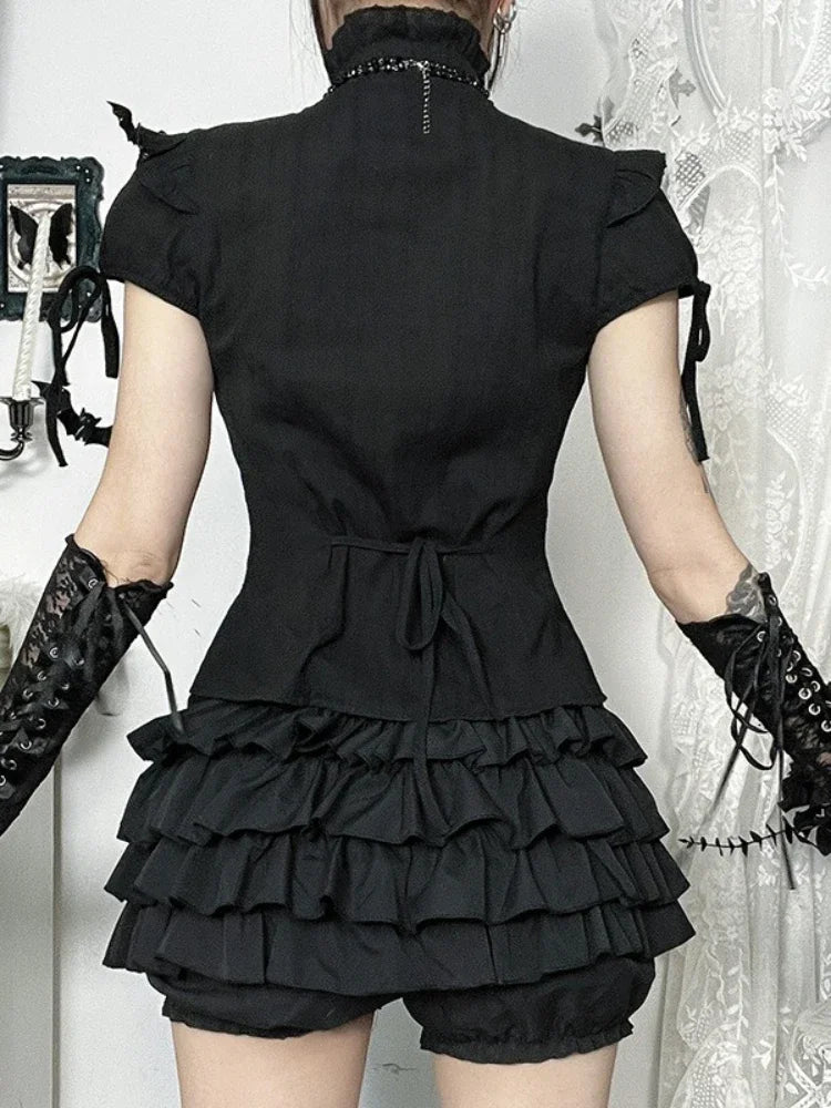 2025 New Vintage Gothic Shirt Women Aesthetic Fairycore Y2K Grunge Dark Edible Tree Fungus Patchwork Short Sleeve Blouse Female