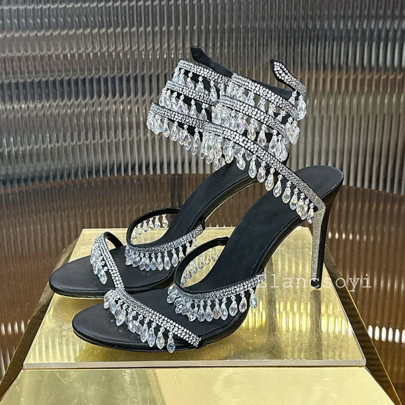 High Heels Sandals Women Shiny Crystal Pendant Ankle Snake Twine Around Prom Shoes Summer Fashion Stiletto Bohemian Sandalias