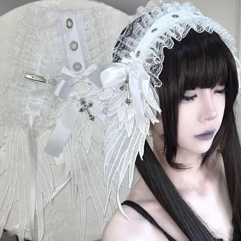 Gothic Lolita Angel Wings Headband Wide Ruffle Lace Cosplay Headwear New White Black Lace Flounce Fold Bowknot Hair Accessories