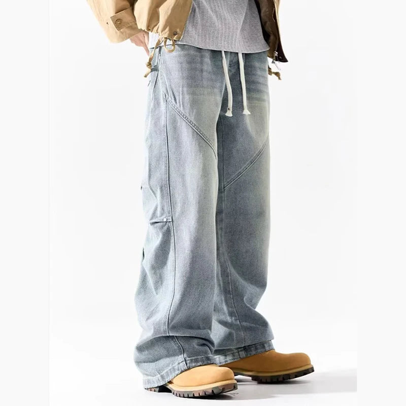 Men Fashion Retro Smoke Grey Elastic Waist Jeans Classic American Style Straight Leg Loose Male Denim Pants Wide Leg Trousers