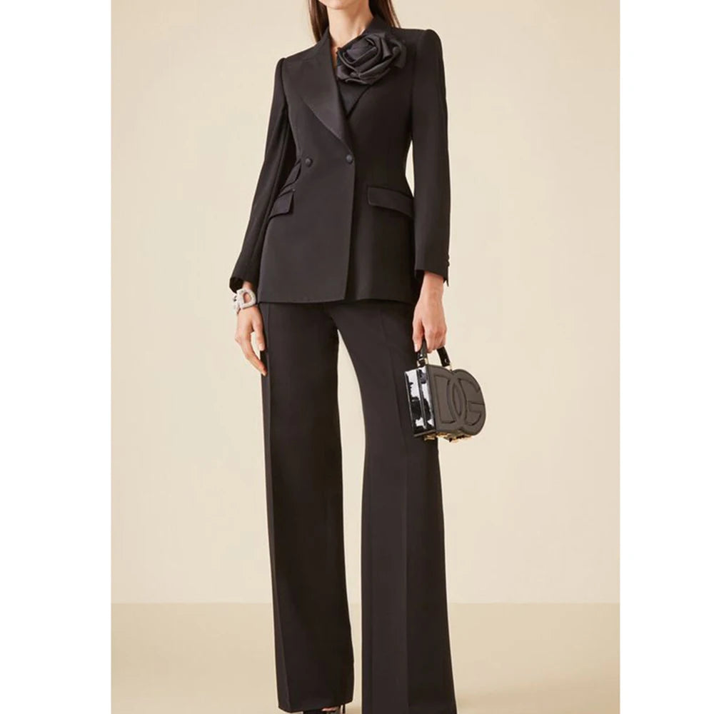 Luxury Classic Black Women's Suits Double Breasted 2 Pieces Jacket Pants Female Clothing Office Banquet Lady's Blazers Sets