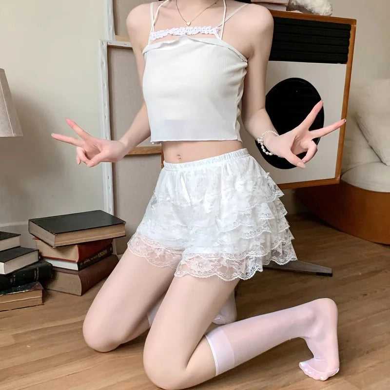 Women Lace Bloomers Shorts Lolita Ruffle Safety Pants High Waist Layered Petticoat Underpants Sweet Princess Summer Loose Fit