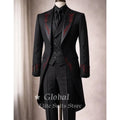 Black Tailcoat Tuxedo 3-Piece Suit with Red Embroidery Gothic Victorian Style Formal Wedding Prom Party Groom Outfit Customized