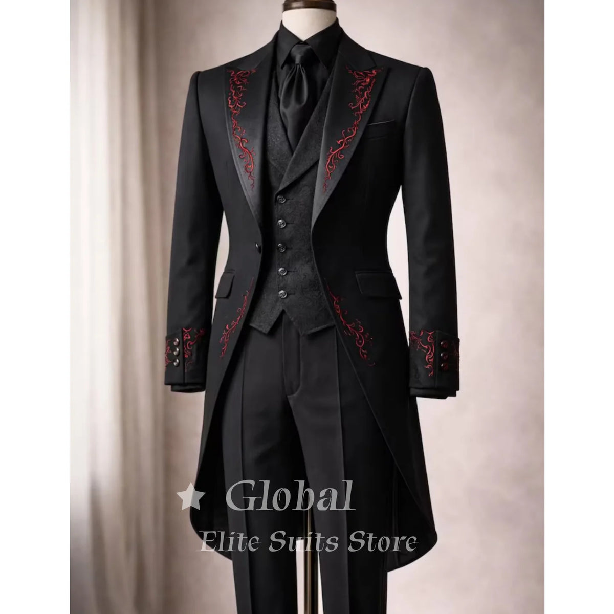 Black Tailcoat Tuxedo 3-Piece Suit with Red Embroidery Gothic Victorian Style Formal Wedding Prom Party Groom Outfit Customized