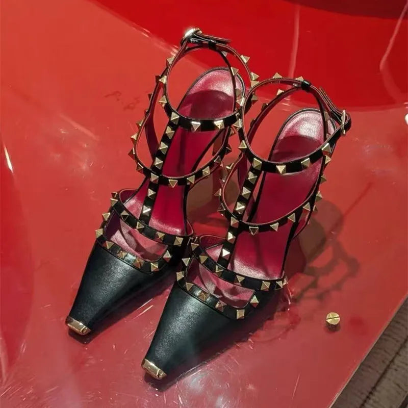 Summer Fashion Square toe Rivet Women Pumps Sexy Narrow Band Mary Janes Slingbacks High heels Chic Party Dress Sandals Shoes