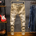 American Elastic Straight Jeans Men Ripped Worn-out Slim-fit Cotton Denim Pants Korean Style Fashion Trousers Men's Clothing