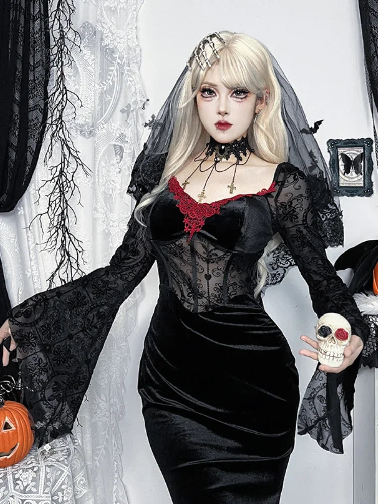 AltGoth Gothic Halloween Dress Women Vintage Elegant Flocking Patchwork Flare Sleeve O-neck High Waist Corset Dress Partywear