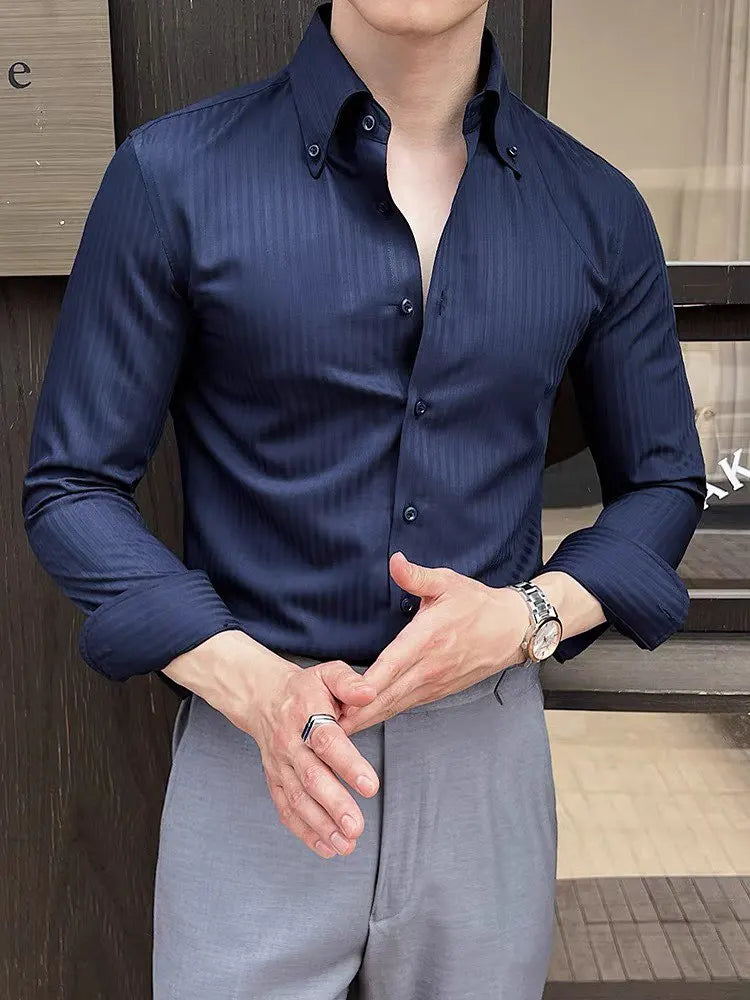 New Dark Striped Pointed Collar Shirt 2025 Men's Long Sleeved High-end Business Slim Fit Casual Versatile Men's Tailcoat Shirts