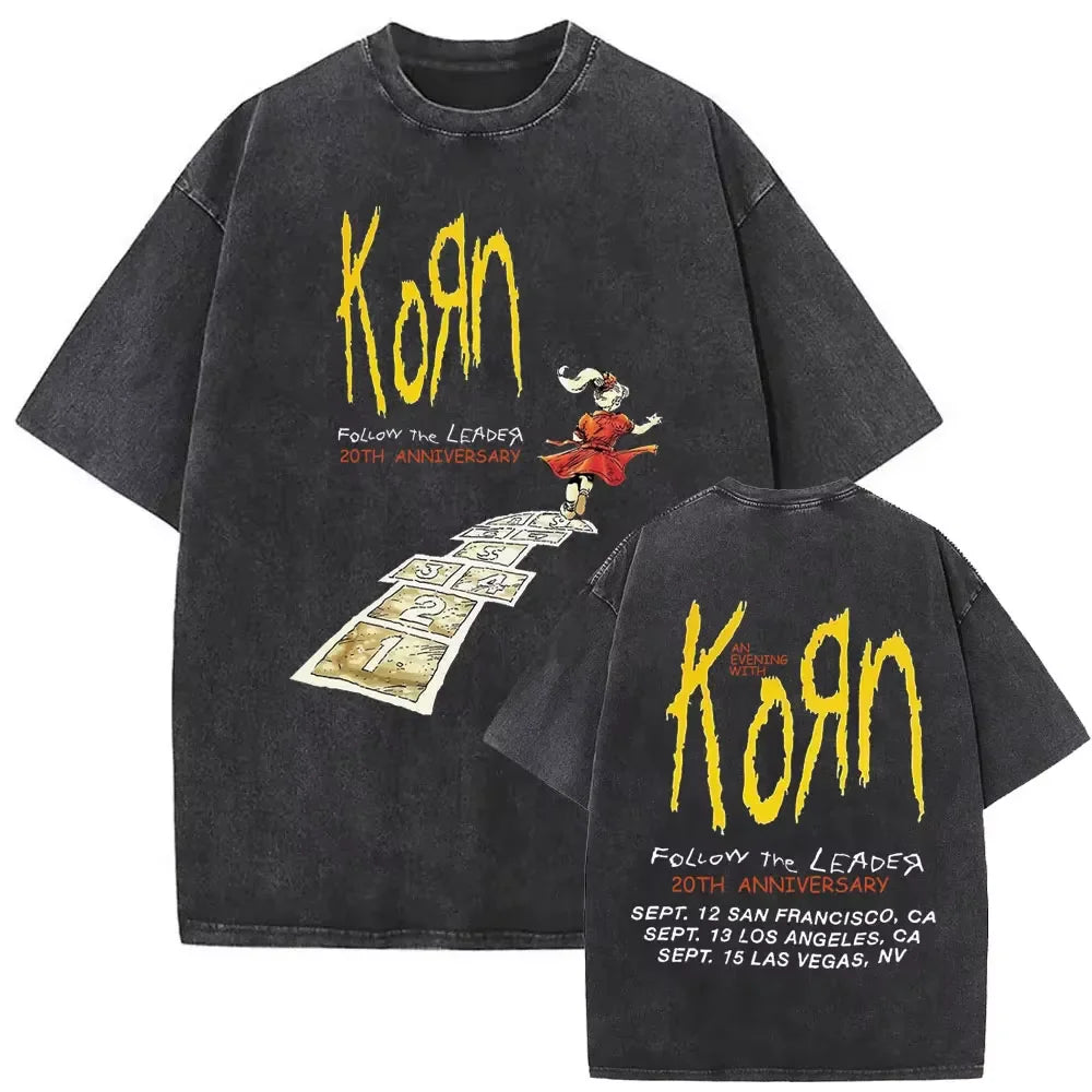 New Washed Vintage Alternative Nu Metal Rock Band Korn Print Tshirt Men Oversized T-shirts Male Fashion T Shirts Y2k Streetwear